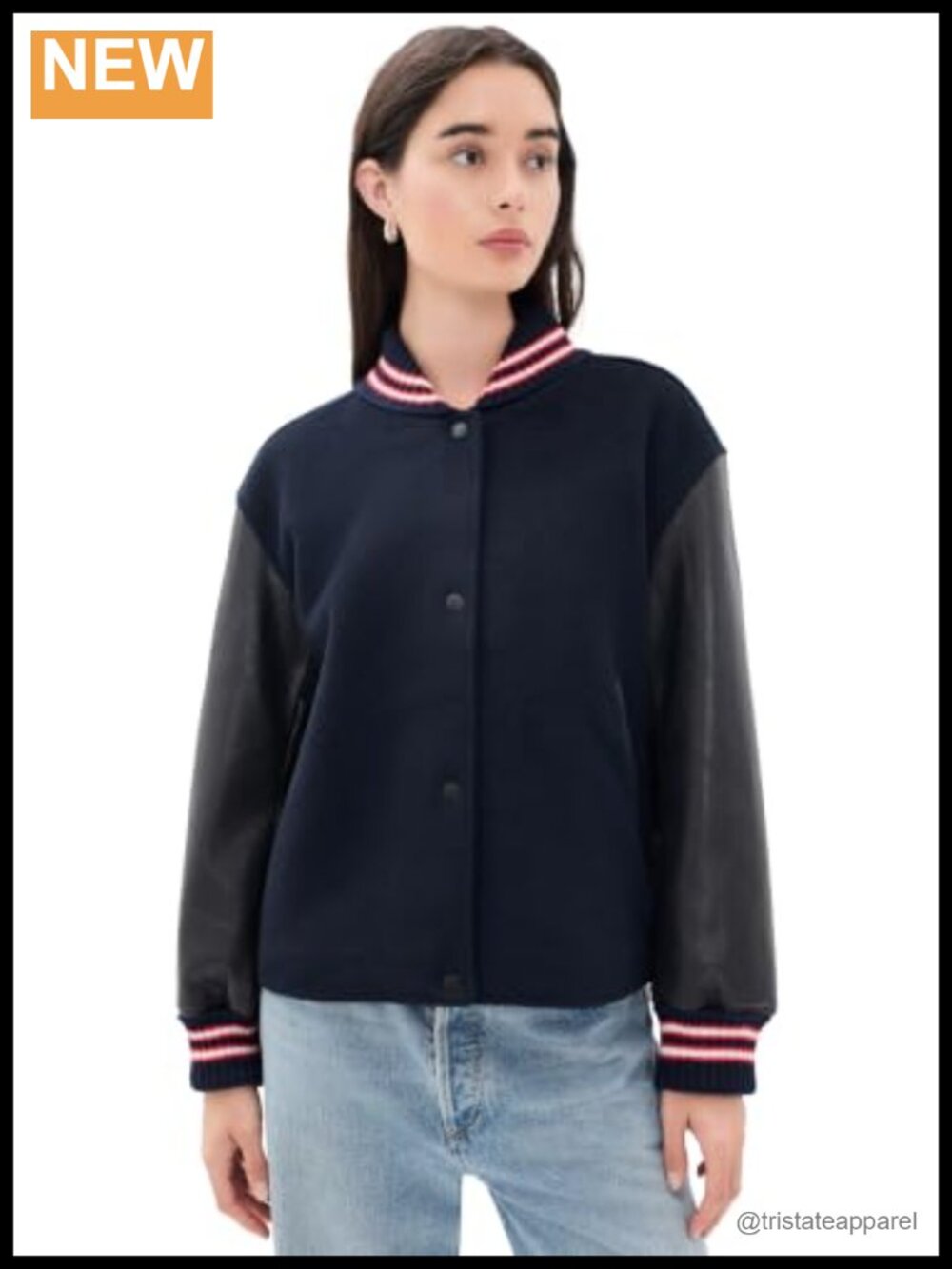 Faux Leather Varsity Jacket with Wool Blend & Snap Placket